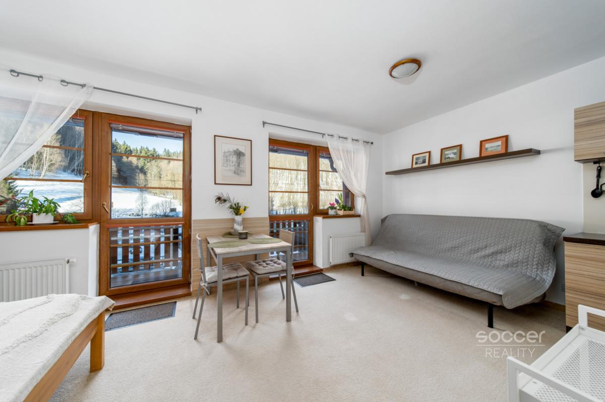 Z obýváku přímo na sjezdovku! Stylový apartmán 1+kk s balkonem a parkováním – Prkenný Důl