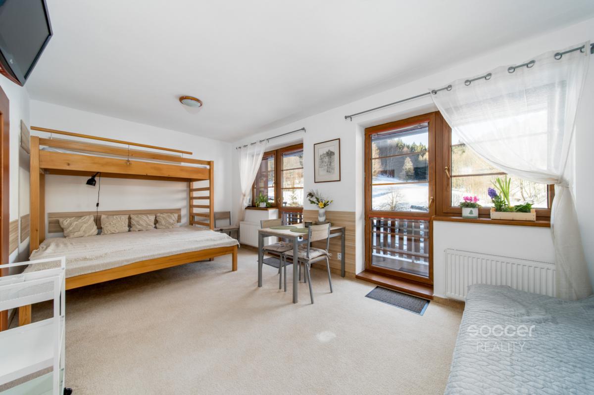 Z obýváku přímo na sjezdovku! Stylový apartmán 1+kk s terasou a parkováním – Prkenný Důl