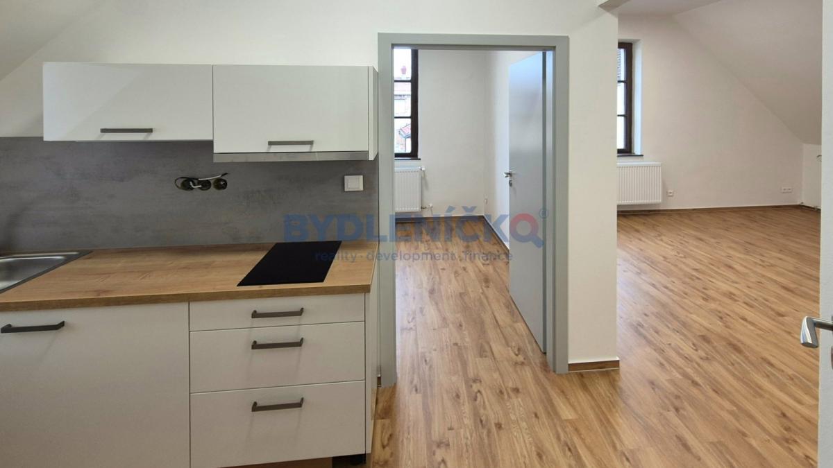 Pronájem podkrovního bytu 2+kk, 64m2, v hist. domě v centru Českých Budějovic, nám. Přem. Ot. II. - oddělená kuchyně