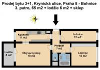 Prodej bytu 3+1/L, S, v žádané části Prahy 8 - Bohnic, ulice Krynická - pudorys