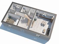 Prodej rozestavěného rodinného domu se stavebními parcelami (hrubá stavba včetně omítek) - RD_Kakovice_prizemi_Camera01_0002.jpg