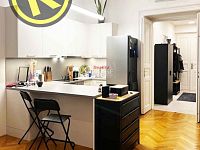 REZERVACE Byt 3+kk 74 m2 s balkonem 3,5 m2 a možností parkování v domě, Pštrossova ul., Praha 1 - obývací pokoj (salon) s kuch.koutem