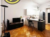 REZERVACE Byt 3+kk 74 m2 s balkonem 3,5 m2 a možností parkování v domě, Pštrossova ul., Praha 1 - obývací pokoj (salon) s kuch.koutem