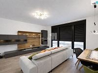 Byt  3+kk s dvěma balkóny, jedním parkovacím stáním v garáži a sklepem v Praze 9, Vysočany - obývací pokoj se vstupem na balkon