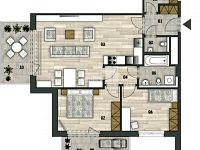 Byt  3+kk s dvěma balkóny, jedním parkovacím stáním v garáži a sklepem v Praze 9, Vysočany - plánek bytu