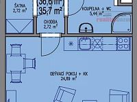 Pronájem kompletně zařízeného bytu 1+kk s terasou, šatnou a sklepem Brno-Žebětín, ul. Sentická - půdorys byt.jpg