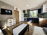 Prodej moderní rekreační chaty 52 m², pozemek 498 m² v Týništi nad Orlicí - Kuchyňský kout + obývací pokoj 1.jpg