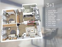 Prodej bytu 3+1 s balkonem a garáží v Písku - 3D půdorys