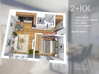 Byt 2+kk po kompletní rekonstrukci v Českých Budějovicích - 3D půdorys
